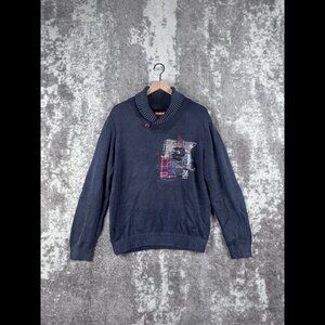 Desigual Sweater XL Mens Blue Pullover Wrap Shall Neck Woven Chunky Knit